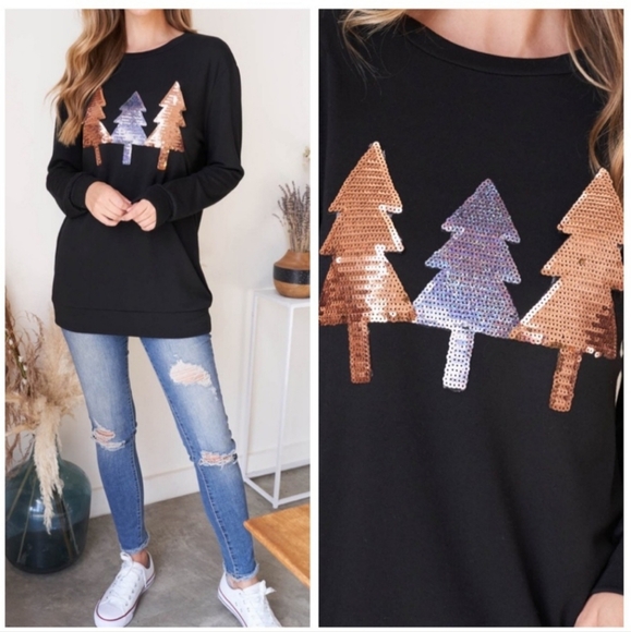 Sequin Pine Tree Long Sleeve Top NWT XL - Picture 1 of 3